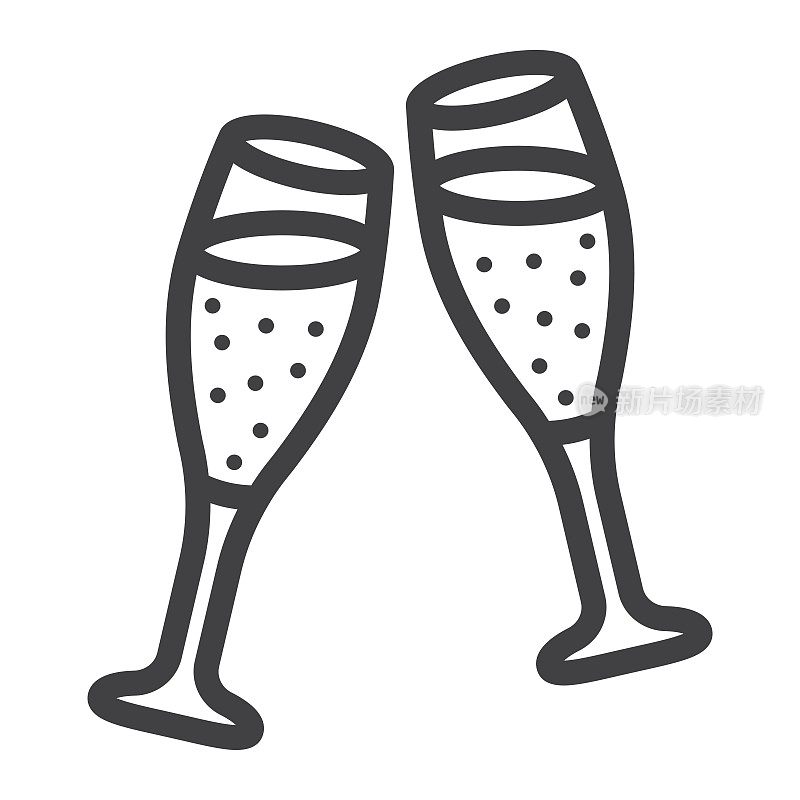 两杯香槟线图标，情人节和浪漫，庆祝符号矢量图形，一个白色背景上的线性图案，eps 10。